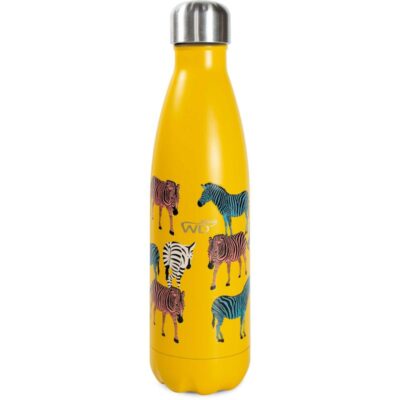 Bottiglia termica gialla con disegni di zebre